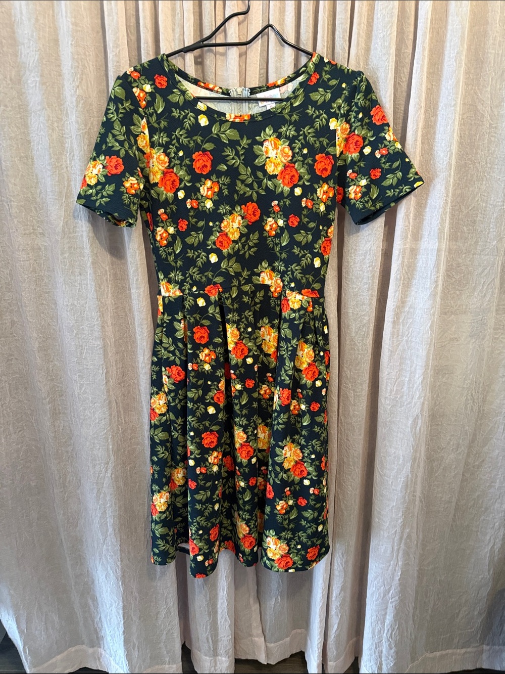 LuLaRoe Navy Floral Dress with Red and Yellow Roses
